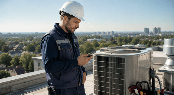 An HVAC technician in a hard hat checking a rooftop AC unit with his phone.